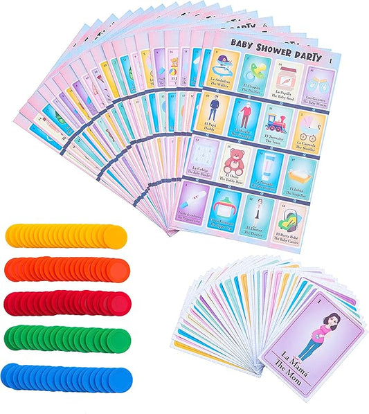 Baby Shower Bingo Kit - Bilingual English Spanish, for 20 Players - Includes 1 Deck of Cards and Boards - with 100 Bingo Chips - Juegos para Baby Shower en Español - Great for Learning Spanish.