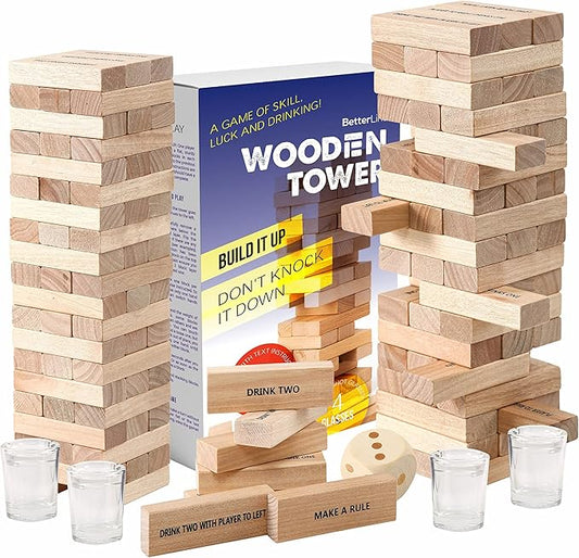 BETTERLINE Wooden Tower Stacking Blocks Drinking Game - 48 Pieces - Tumbling Tower for Adults - Friends Party Game, Bachelor Party, Bachelorette Party (60 Pieces w/Text)