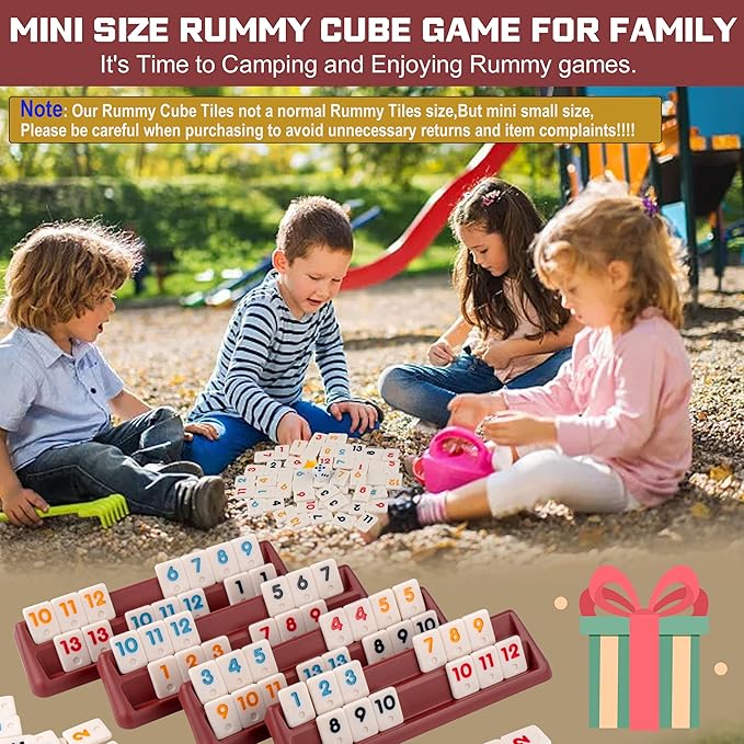 Smilejoy Mini Rummy Cube 4 Players Edition,Travel Rummy Game Set with Portable Canvas Bag,Classic Board Game for Adults and Kids |106 Tiles | 4 Playing Racks |1 Dice | (2-4 Player) ﻿