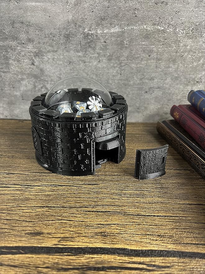 MunnyGrubbers Castle Dice Popper V2 - Jail For Board & TTRPG Games - Black, Random 7PCS D20 Dice Set Included, Tower, Holder