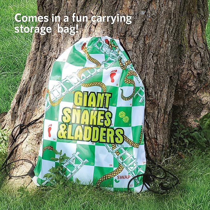 Upper Midland Products Giant Snakes & Ladders Game 9.8 x Foot Life Size Playing Mat with 8 Ground Pegs A Large Inflatable 15'' Dice, Storage Carrying Bag - Yard Games for The Whole Family