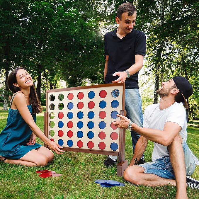 Hey! Play! 4-in-A-Row-Giant Classic Wooden Game for Indoor and Outdoor Play-2 Player Strategy and Skill Fun Backyard Lawn Toy for Kids and Adults