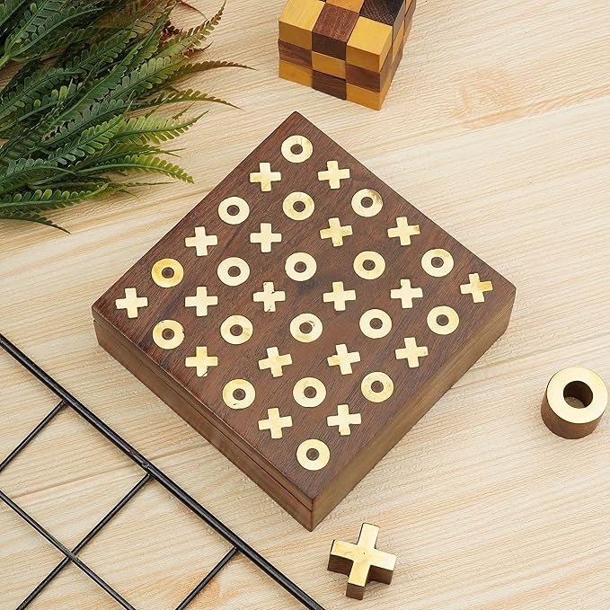 Ajuny Tic Tac Toe Wooden Board with Storage Box – Handcrafted in India with Brass Inlay, Stylish Tabletop Decor, 2 Player Family Toy for Indoor, Outdoor & Travel, Unique Gift Idea