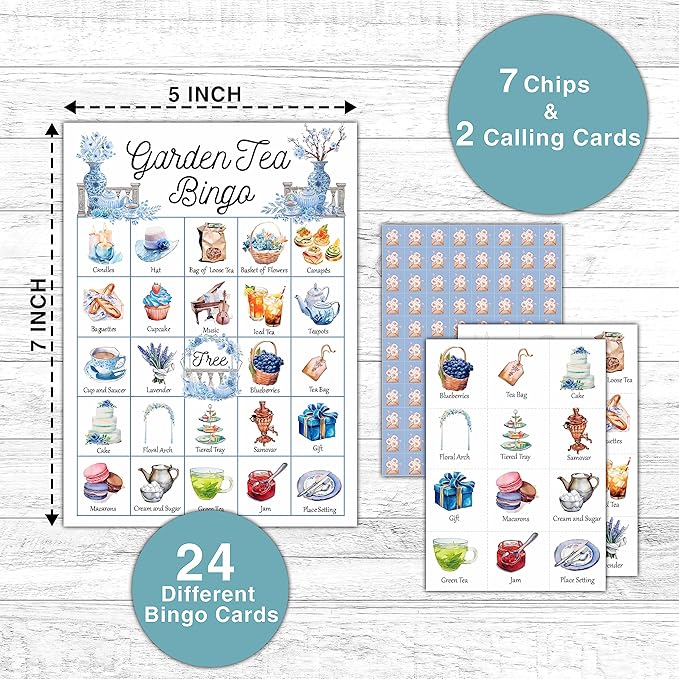 Garden Tea Bingo Game - Tea Party Bingo Card - 24 Players Bingo Game Set Indoor Outdoor Activities - Tea Party, Bridal Shower, Birthday Party Favors Supplies -A05
