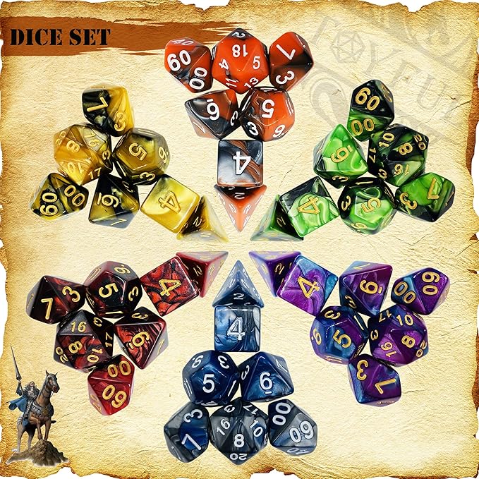 6 Sets Double-Color Polyhedral Dice for DND, RPG, MTG & Table Games - 7pcs Set (d20, d12, 2x d10, d8, d6, d4) with 6 Drawstring Bags, 1 Big Bag, 1 PU Leather Dice Tray & Sticker