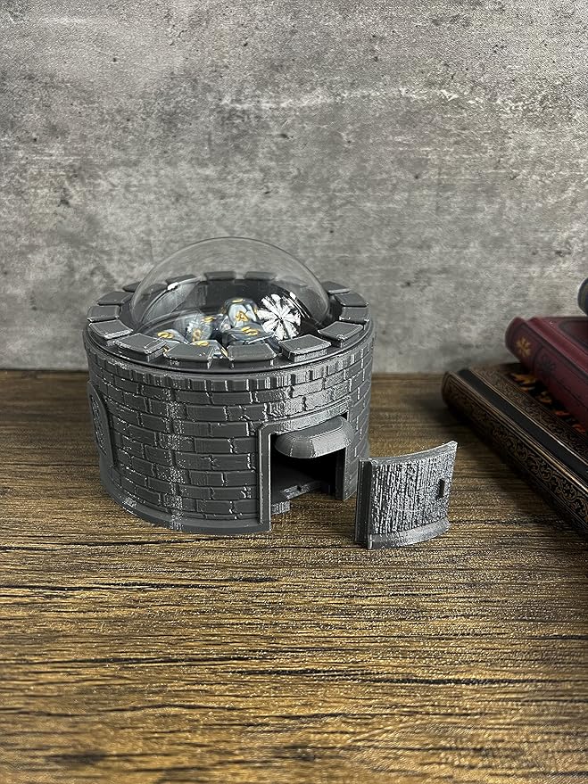 MunnyGrubbers - Castle Dice Popper V2 - Dice Jail - for TTRPG & Board Games - (Random 7PCS D20 Dice Set Included) - Dice Roller, Tower, Holder - Dungeons and Dragons, DND - (Gray)
