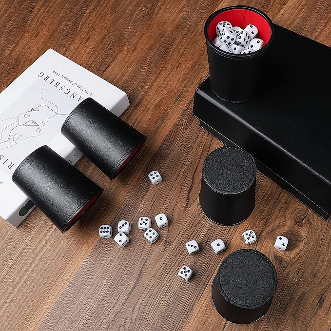 Leather Dice Cup Set, 6 Dice Cups+30 Dice+1 Folding Tray Exclusive Storage and Transport Case Made of Faux (Black Red)