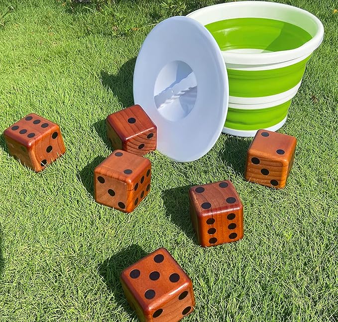 SPORT BEATS Giant Varnished Pine Wood Yard Dice, Outdoor Games Set of 6 with Two Games and Collapsible Bucket