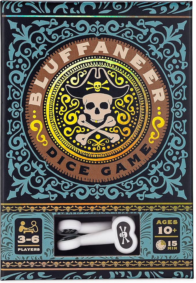 Bluffaneer Dice Game, Family Party Game, Includes Two Bone-Shaped Dice, 3 to 6 Players, 15 Minute Play Time, for Ages 10 and up