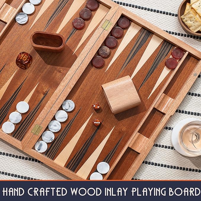 17 Inch Backgammon Sets for Adults. Beautiful Wood Inlaid Backgammon Board Game Set with Unique Checkers & Dice. Large Back Gammon Game Sets Travel Size for 2 Players Nardi or Tavla