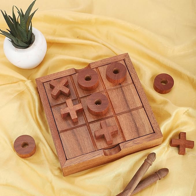 Ajuny Tic Tac Toe Classic Board Games for Kids and Adults with Decorative Storage Box Wooden Farmhouse Coffee Table Living Room Desk Decor Family Night Travel Game Best Gifts 5.9 Inch
