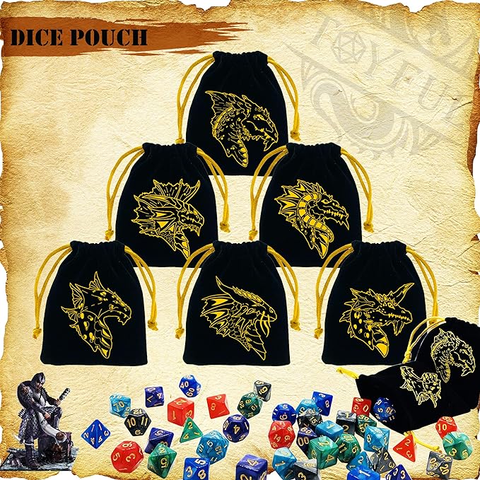 6 Sets DND Dice Polyhedral Dice Dungeons and Dragons Rolling Dice for RPG MTG Table Games Dice Bulk with Free Six Drawstring Bags and PU Leather D&D Dice Tray