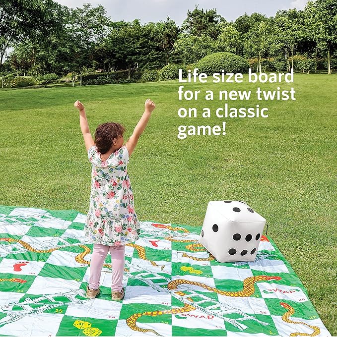 Upper Midland Products Giant Snakes & Ladders Game 9.8 x Foot Life Size Playing Mat with 8 Ground Pegs A Large Inflatable 15'' Dice, Storage Carrying Bag - Yard Games for The Whole Family