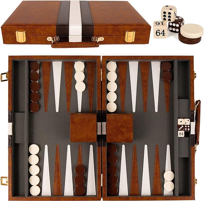 Backgammon Set - 15 Inch Classic Backgammon Board Game Sets Handheld - Backgammon Sets for Adults and Kids - Brown Faux Leather Case - Instruction