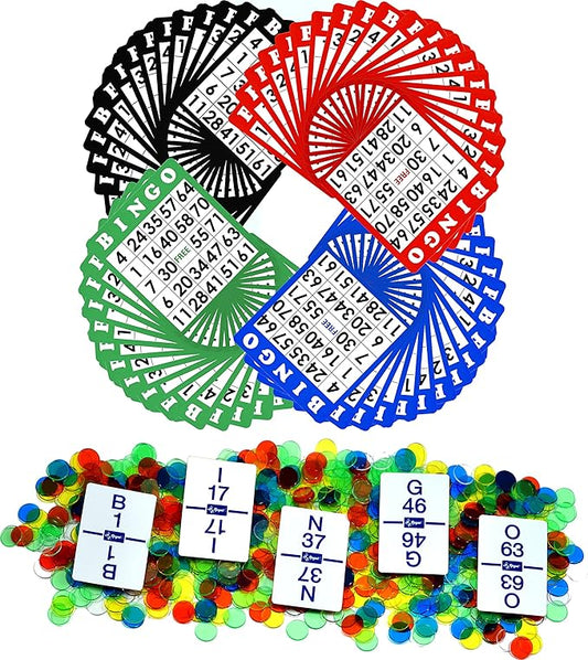 Regal Bingo - Bingo Cards and Reusable Chips Bingo Game Set - 50 Standard Playing Cards, 50 Calling Cards & 500 Multicolored Bingo Chips (50 Mixed Set)