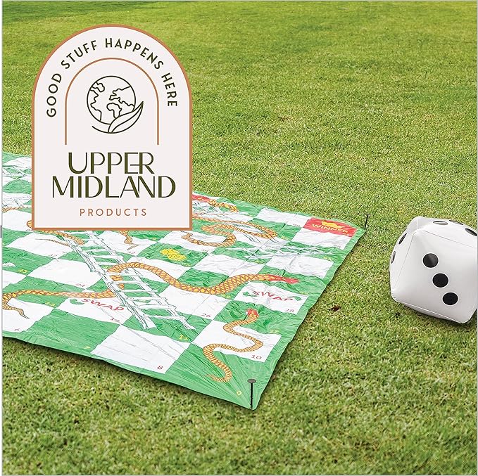 Upper Midland Products Giant Snakes & Ladders Game 9.8 x Foot Life Size Playing Mat with 8 Ground Pegs A Large Inflatable 15'' Dice, Storage Carrying Bag - Yard Games for The Whole Family