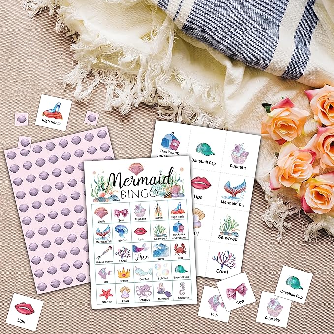 Ycyfckdr Mermaid Bingo Cards, Mermaid Party Games, Under The Sea Bingo Game for Adults, Outdoor, Indoor Games, School Party Game - 24 Players Bingo (B02)