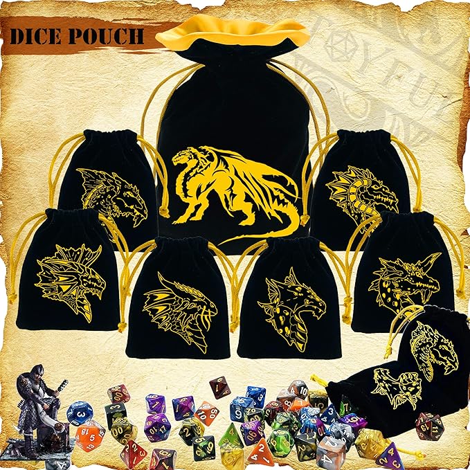 6 Sets Double-Color Polyhedral Dice for DND, RPG, MTG & Table Games - 7pcs Set (d20, d12, 2x d10, d8, d6, d4) with 6 Drawstring Bags, 1 Big Bag, 1 PU Leather Dice Tray & Sticker