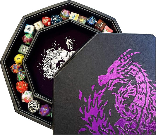 Purple Fire Dragon Dice Tray with Wizard Book Print – 9" Octagon with Dice Staging Area, Holds 5 Dice Sets – Perfect for D&D, Call of Cthulhu, Shadowrun, and All Tabletop RPGs