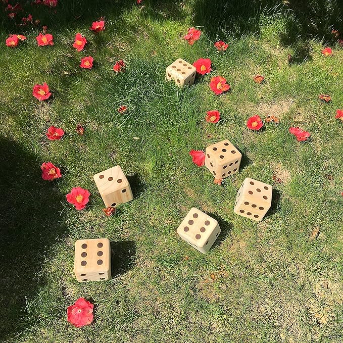 Large Wooden Yard Dice Set of 6 with Two Games and Cardboard Bucket